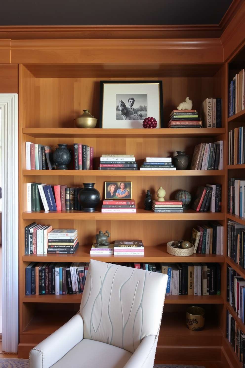 A cozy home library featuring open shelving with organic shapes that create a fluid and inviting atmosphere. The shelves are filled with an eclectic mix of books and decorative items, illuminated by warm ambient lighting. The room is styled in a Mid Century Modern aesthetic with a rich wooden floor and a large, plush area rug. A comfortable reading chair is positioned near a window, surrounded by potted plants that bring life to the space.