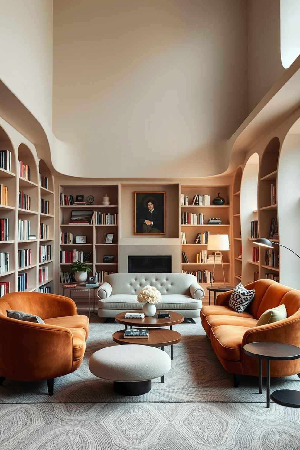 A cozy home library featuring organic shapes in furniture selection. The room is filled with curved sofas and rounded coffee tables that create a welcoming atmosphere. Bookshelves with smooth, flowing lines line the walls, showcasing a curated collection of books and decorative items. Soft lighting from stylish floor lamps enhances the warm ambiance, making it an inviting space for reading and relaxation.