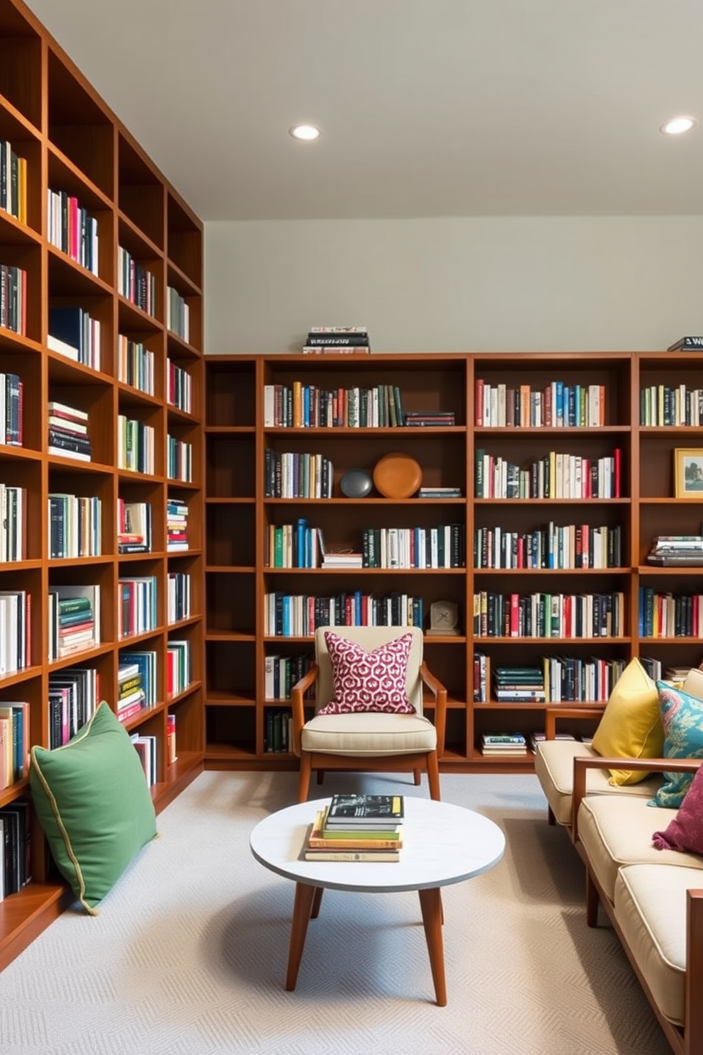 A Mid Century Modern home library features sleek wooden bookshelves filled with an array of colorful books. The room is adorned with a neutral color palette accented by vibrant cushions and artwork that add personality and warmth.