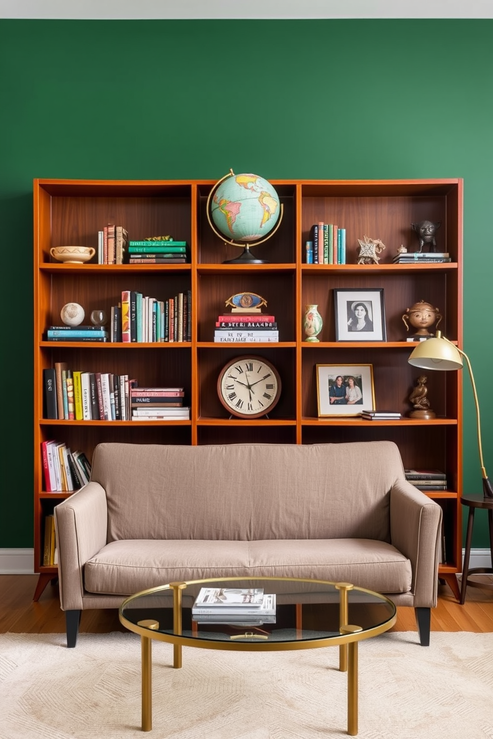 A vintage globe sits elegantly atop a mid-century modern bookshelf, surrounded by an array of colorful books and unique decorative items. The warm wood tones of the shelves contrast beautifully with the rich green walls, creating a cozy and inviting atmosphere. In the center of the room, a sleek, low-profile sofa in a neutral fabric complements the vintage aesthetic. A round coffee table with a glass top and brass accents adds a touch of sophistication to the space, inviting relaxation and conversation.