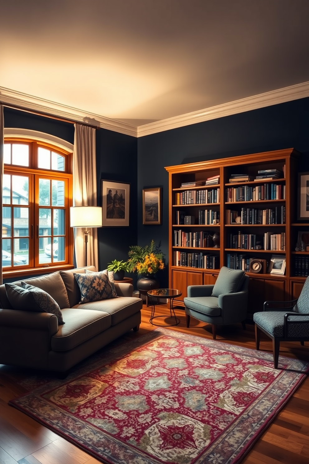 A cozy home library featuring a Mid Century Modern aesthetic. The space is adorned with a mix of textures, including soft throws draped over a sleek leather armchair and a plush area rug underfoot. Tall bookshelves made of rich walnut wood line the walls, filled with an eclectic collection of books and decorative objects. Large windows allow natural light to flood the room, illuminating a stylish coffee table and a vintage floor lamp in the corner.