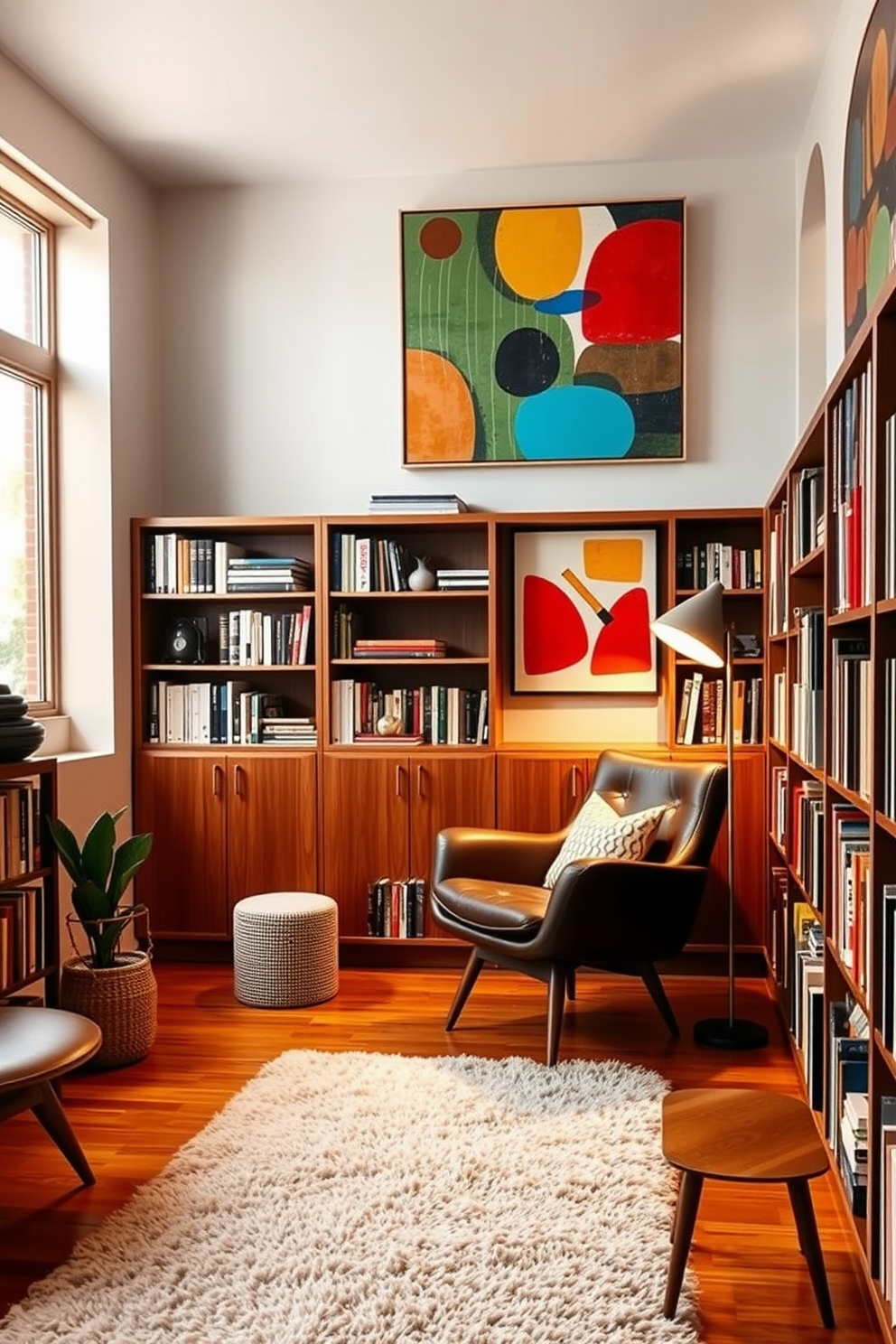 A cozy home library featuring large windows that flood the space with natural light. The room is designed in a Mid Century Modern style with a sleek wooden bookshelf filled with books and a comfortable reading chair in a vibrant fabric.