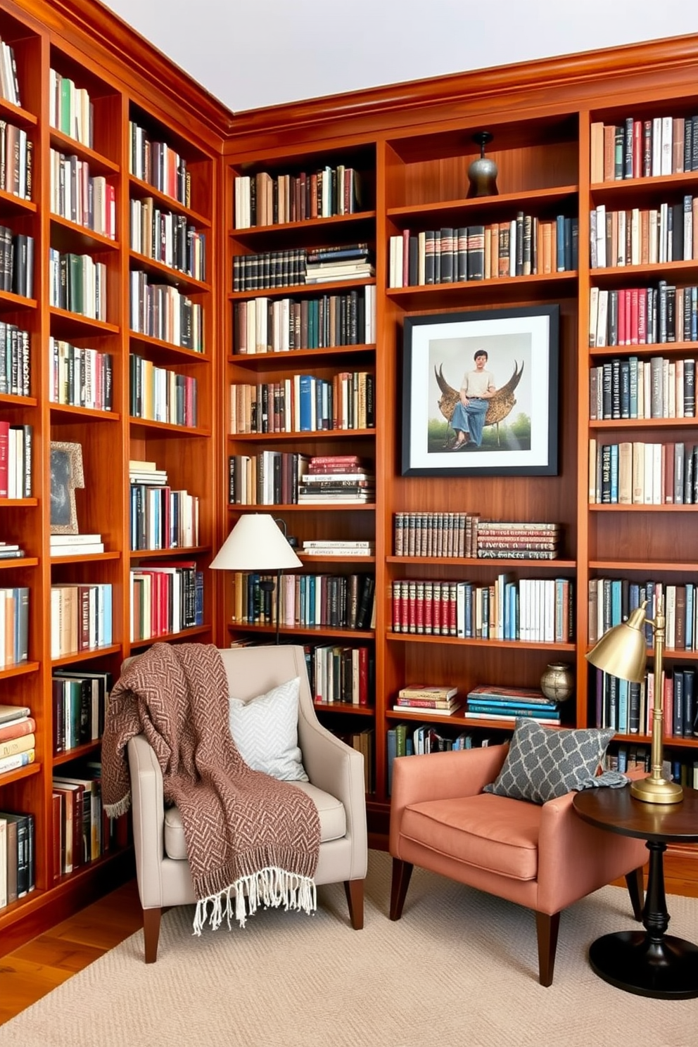 A cozy Mid Century Modern home library featuring rich wooden bookshelves that reach the ceiling. A comfortable reading nook is created with a plush armchair and a side table, adorned with textured throw blankets for added warmth.