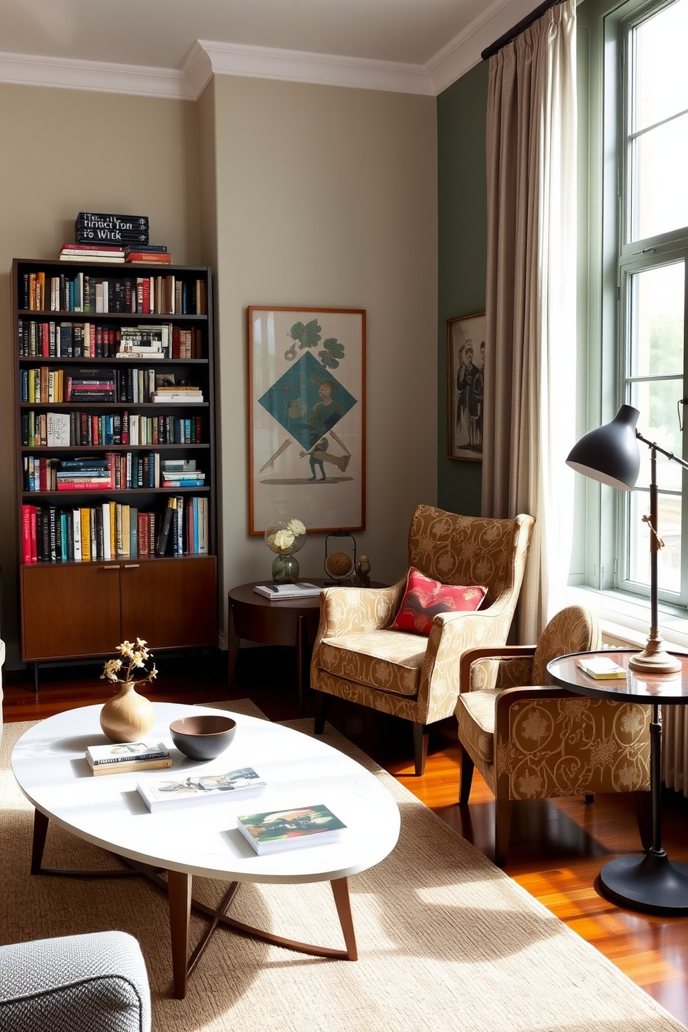 A cozy home library featuring a mix of vintage and modern decor items. The space includes a sleek mid-century modern bookshelf filled with colorful books, paired with a plush vintage armchair in a bold pattern. Natural light floods the room through large windows adorned with elegant sheer curtains. A stylish mid-century modern coffee table sits in the center, surrounded by eclectic decor pieces that reflect personal interests and tastes.