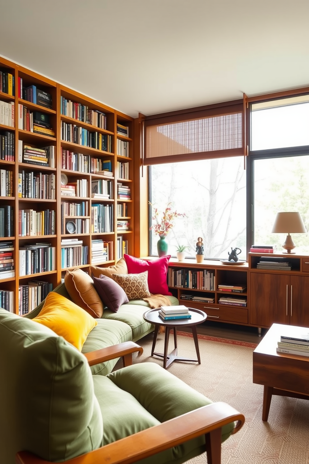 A cozy reading nook features oversized cushions in vibrant colors, creating an inviting space for relaxation. The nook is surrounded by tall bookshelves filled with an eclectic mix of books and decorative items, with a large window allowing natural light to flood in. The Mid Century Modern home library showcases sleek wooden furniture with clean lines, emphasizing functionality and style. A combination of warm wood tones and bold accent colors adds a touch of sophistication to the space.