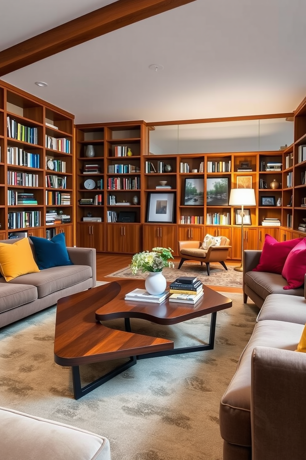 A functional workspace with minimalist design features a sleek white desk with clean lines and a comfortable ergonomic chair. A large window allows natural light to flood the room, while a few potted plants add a touch of greenery to the space. The Mid Century Modern home library design includes rich wooden bookshelves filled with an array of books and decorative items. A cozy reading nook is created with a stylish armchair and a small side table, complemented by warm lighting that enhances the inviting atmosphere.