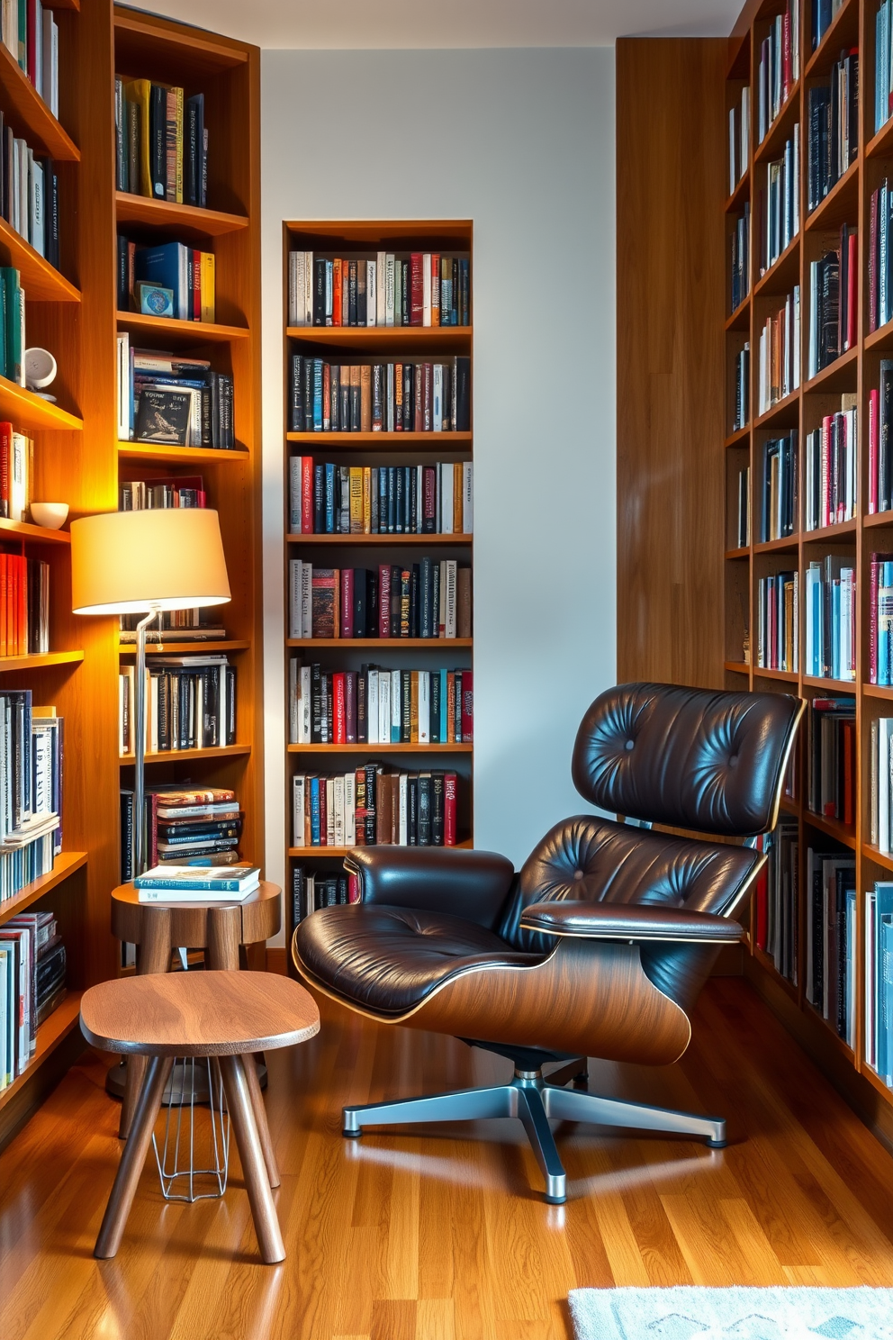 Curved sofas in a cozy home library create an inviting seating area that encourages relaxation and conversation. The space features warm wood shelves filled with books, complemented by soft lighting from stylish floor lamps. The walls are painted in a rich, earthy tone that enhances the Mid Century Modern aesthetic. A plush area rug anchors the seating arrangement, adding texture and comfort to the library ambiance.