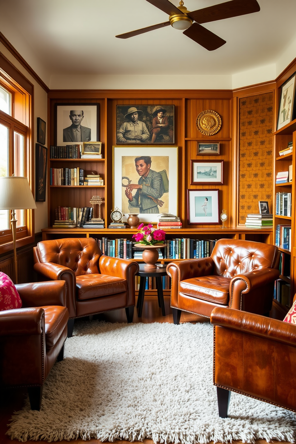 A cozy home library featuring leather armchairs with wooden legs. The walls are lined with dark wood bookshelves filled with an eclectic collection of books and decorative items. A large window allows natural light to flood the space, highlighting a plush area rug beneath the armchairs. A stylish coffee table sits in the center, adorned with a few art books and a small potted plant.