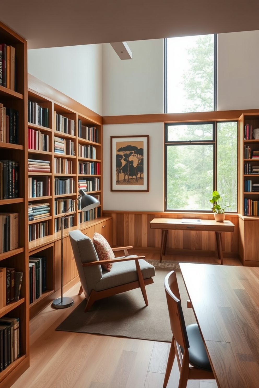 A cozy home library with natural wood finishes throughout the space. The shelves are filled with an eclectic mix of books, and a comfortable reading chair is positioned near a large window that lets in ample natural light. The walls are adorned with framed art pieces that reflect Mid Century Modern aesthetics. A sleek wooden desk sits in one corner, complemented by a stylish lamp and a small potted plant for a touch of greenery.