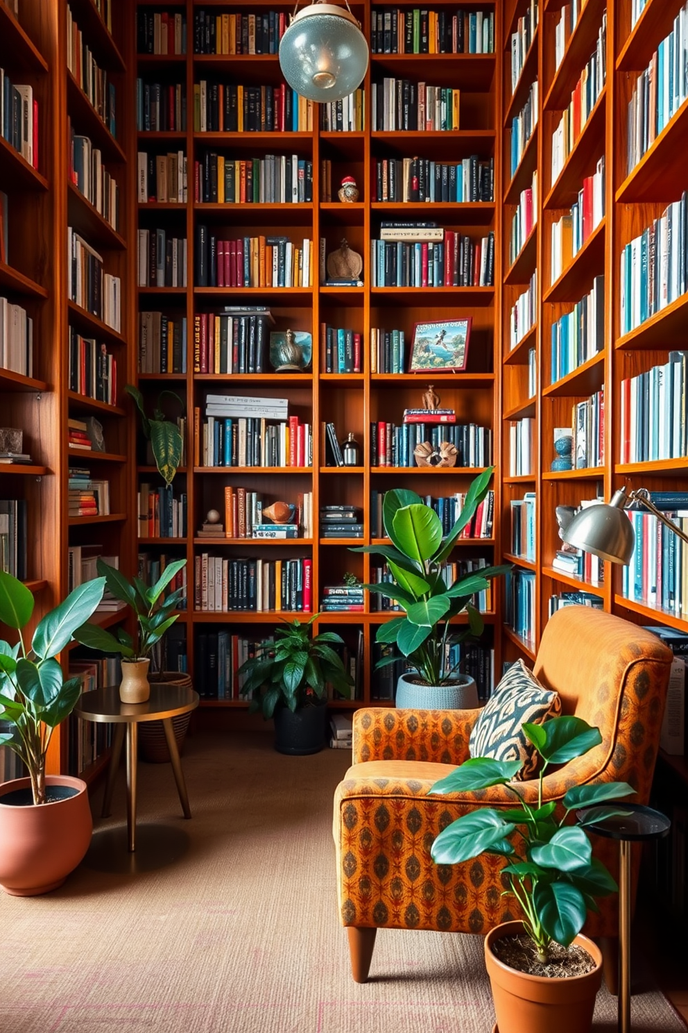 A Mid Century Modern home library featuring bold colored books arranged on sleek wooden shelves. The space is illuminated by a large window that allows natural light to highlight the vibrant hues of the book spines.