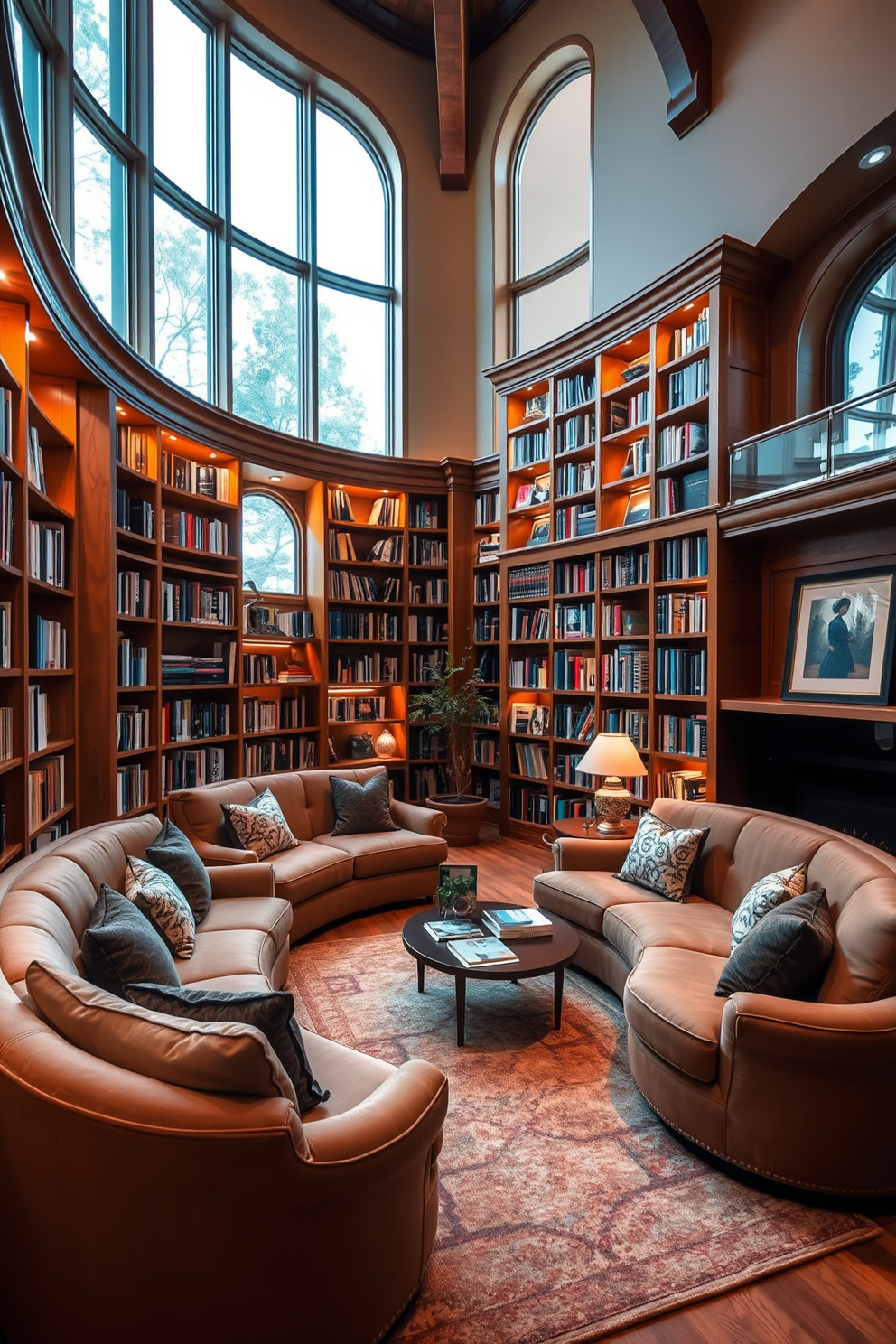 A cozy home library features curved sofas that create inviting seating options for relaxation and reading. The space is adorned with warm wood bookshelves filled with a variety of books and a soft area rug that adds comfort underfoot. Large windows allow natural light to flood the room, illuminating the rich textures of the furniture. Accent lighting highlights the unique architectural details, making the library a perfect retreat for book lovers.