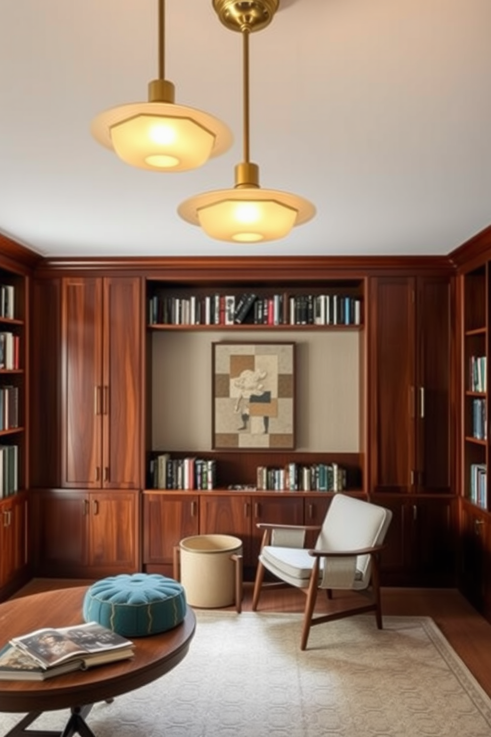 Elegant pendant lights for overhead illumination. The lights feature a sleek design with a polished brass finish and frosted glass shades, casting a warm glow over the space. Mid Century Modern Home Library Design Ideas. The library includes built-in wooden bookshelves with a rich walnut finish, complemented by a cozy reading nook with a vintage armchair and a geometric area rug.