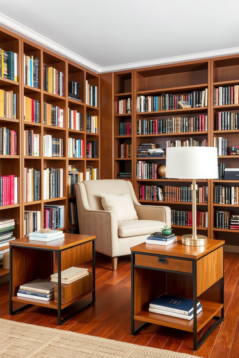 A cozy Mid Century Modern home library with warm wooden bookshelves filled with a diverse collection of books. Soft, natural light filters through large windows, illuminating a comfortable reading nook with a plush armchair and a sleek side table. Lush green plants are strategically placed throughout the space, adding vibrant greenery and a touch of nature. A stylish floor lamp and a vintage rug complete the inviting atmosphere, making it the perfect spot for relaxation and reading.