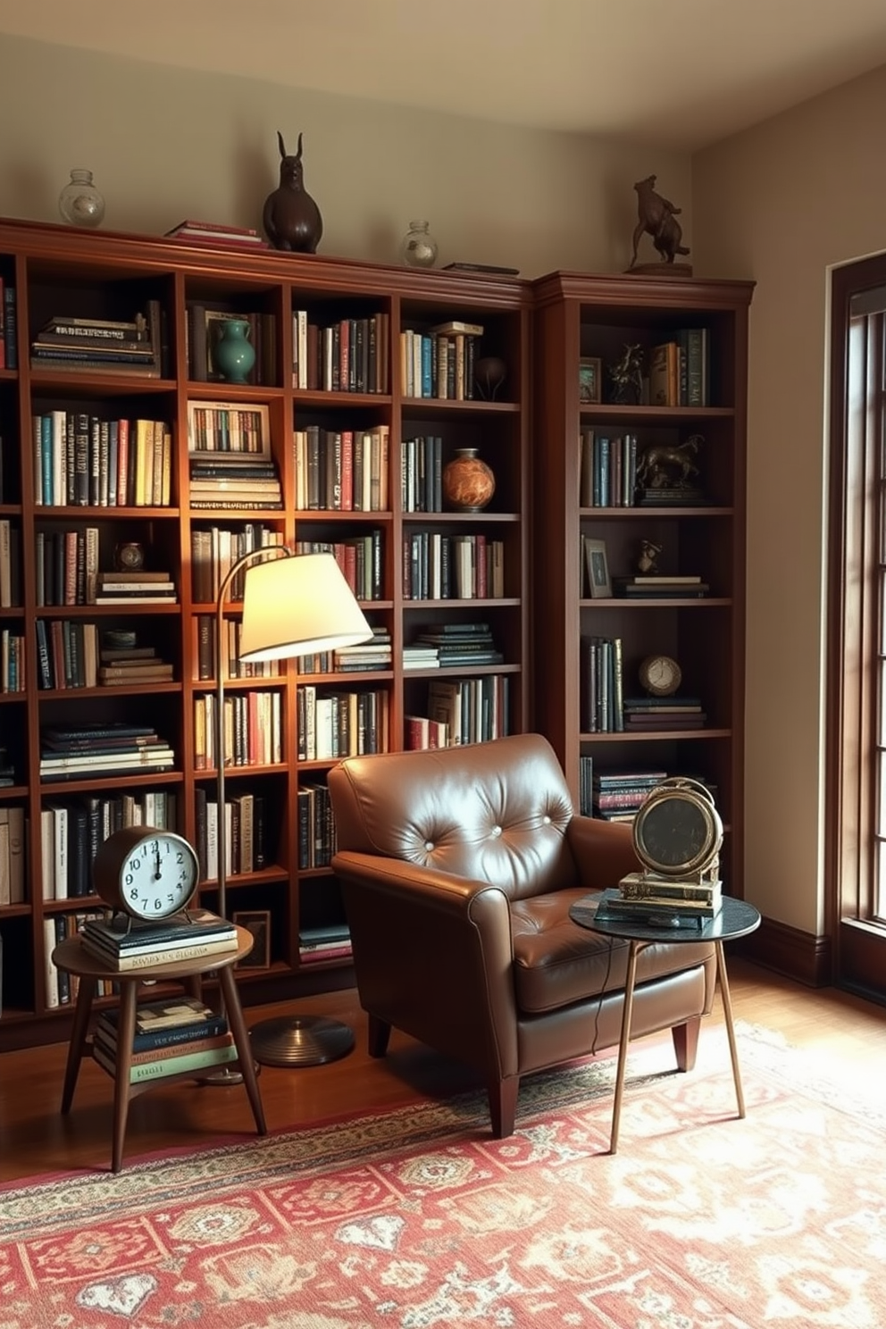 A cozy Mid Century Modern home library featuring a rich walnut bookshelf filled with vintage books and unique collectibles. A plush leather armchair sits in the corner, complemented by a retro floor lamp casting a warm glow over a small side table adorned with a vintage clock. The walls are painted in a soft beige, enhancing the warmth of the wooden elements throughout the space. A patterned area rug anchors the seating area, while a large window allows natural light to flood in, highlighting the character of the vintage finds.