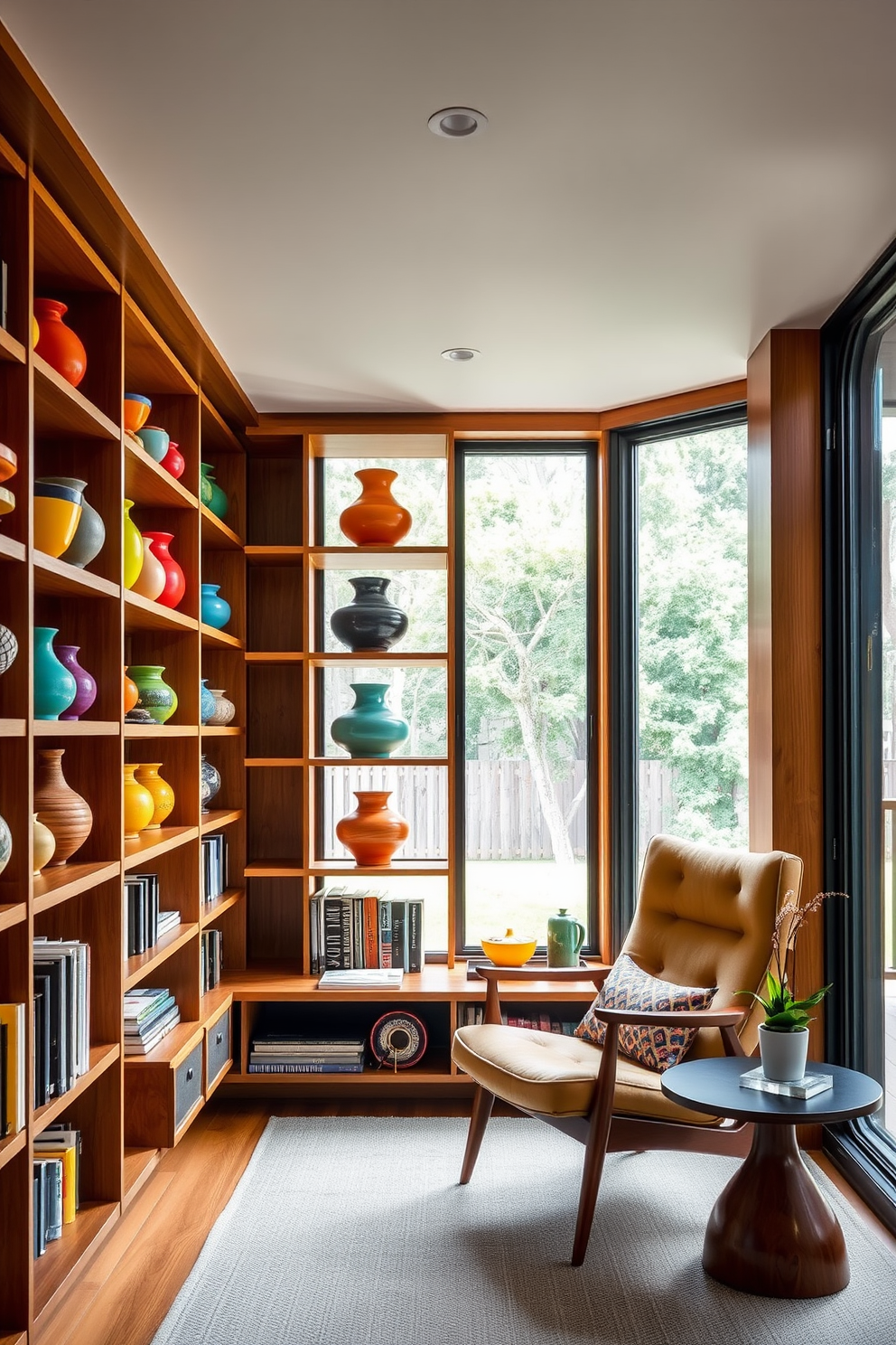 A cozy Mid Century Modern home library features a sleek wooden bookshelf filled with an eclectic mix of books and decorative objects. A minimalist fireplace is situated on one wall, surrounded by comfortable seating in warm tones, creating an inviting atmosphere for reading and relaxation.