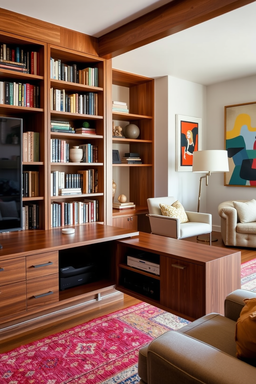 A sleek media console designed for technology integration features a low-profile silhouette with clean lines and a rich walnut finish. The console includes built-in cable management and compartments for electronic devices, seamlessly blending style and functionality. The Mid Century Modern home library showcases a cozy reading nook with a plush armchair and a stylish floor lamp. Bookshelves made of warm wood display a curated collection of books, accented by decorative objects and vibrant artwork on the walls.