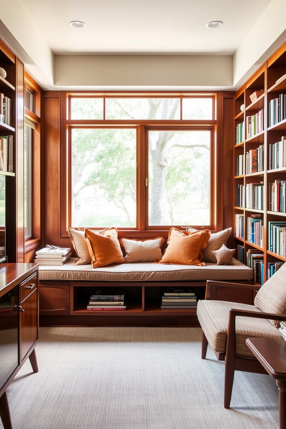 A cozy window seat with built-in storage underneath offers a perfect reading nook in a Mid Century Modern home library. The seat is adorned with plush cushions in warm tones, surrounded by large windows that flood the space with natural light. Bookshelves line the walls, showcasing a curated collection of literature and decorative objects. The rich wood finishes and clean lines of the furniture create a harmonious blend of style and comfort.