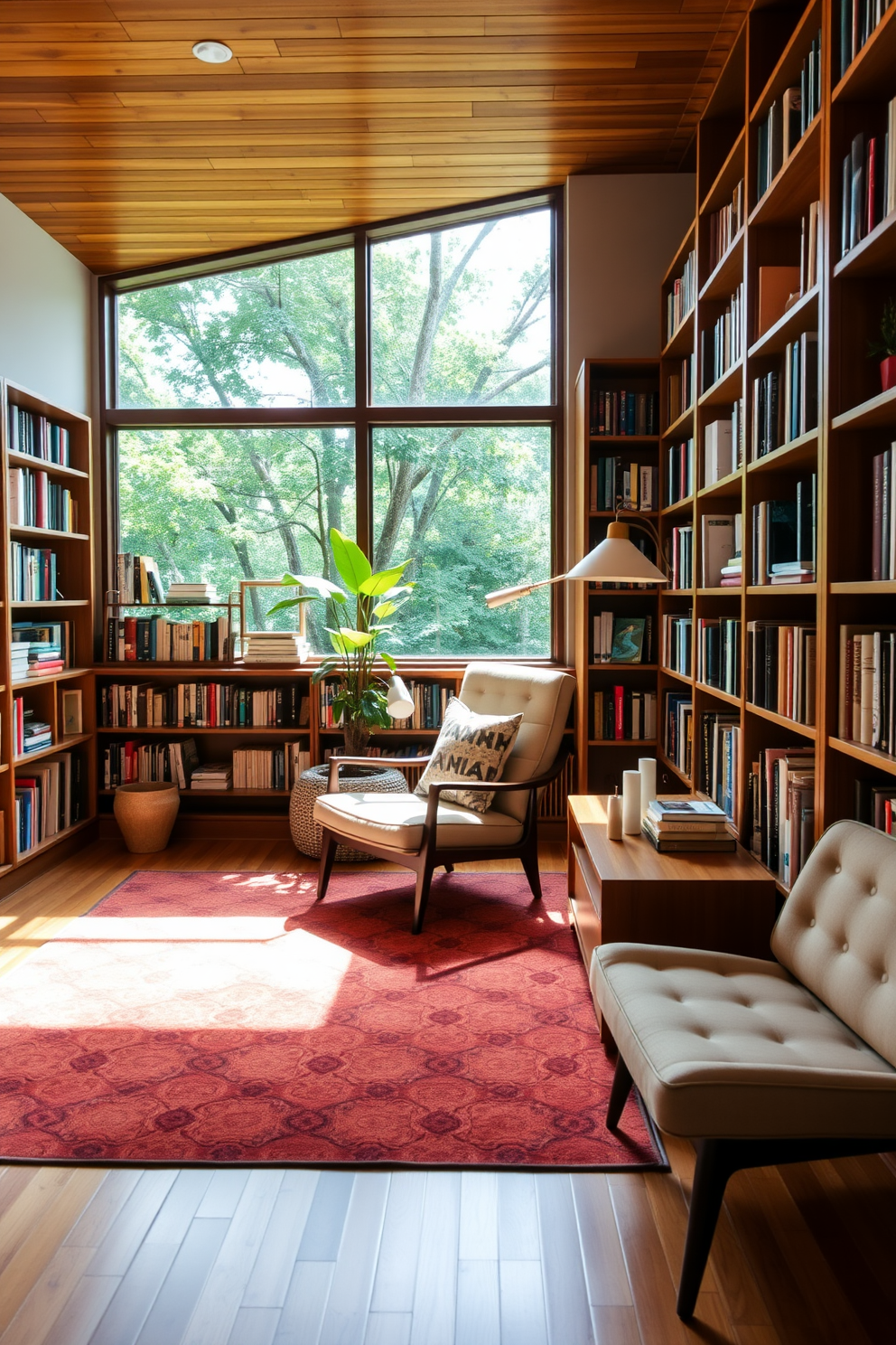 A warm and inviting home library features a collection of bookshelves filled with an array of literature. In the center, a tapered leg coffee table in walnut complements the rich wood tones of the surrounding furniture. Soft lighting from stylish sconces illuminates the space, creating a cozy reading nook. Plush armchairs are arranged around the coffee table, inviting relaxation and conversation.