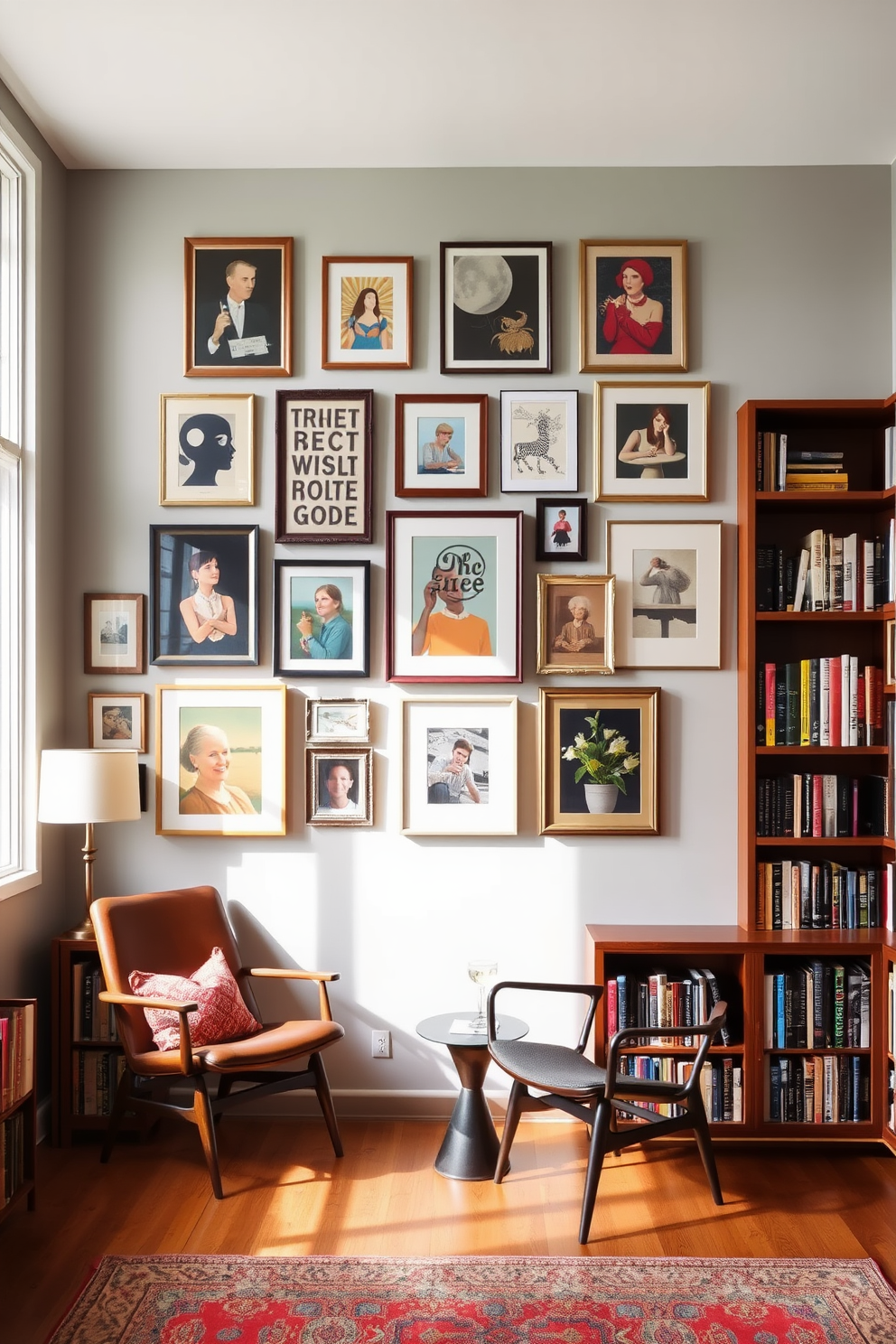 Artwork gallery wall for personal touch. A collection of framed artwork in various sizes and styles is arranged in a cohesive layout on a light gray wall. Each piece is carefully selected to reflect personal interests and experiences, creating a warm and inviting atmosphere. Mid Century Modern Home Library Design Ideas. The library features built-in wooden shelves filled with books, accented by a sleek reading chair and a small side table. Large windows allow natural light to flood the space, highlighting the rich textures of the wooden furniture and the vibrant colors of the decor.