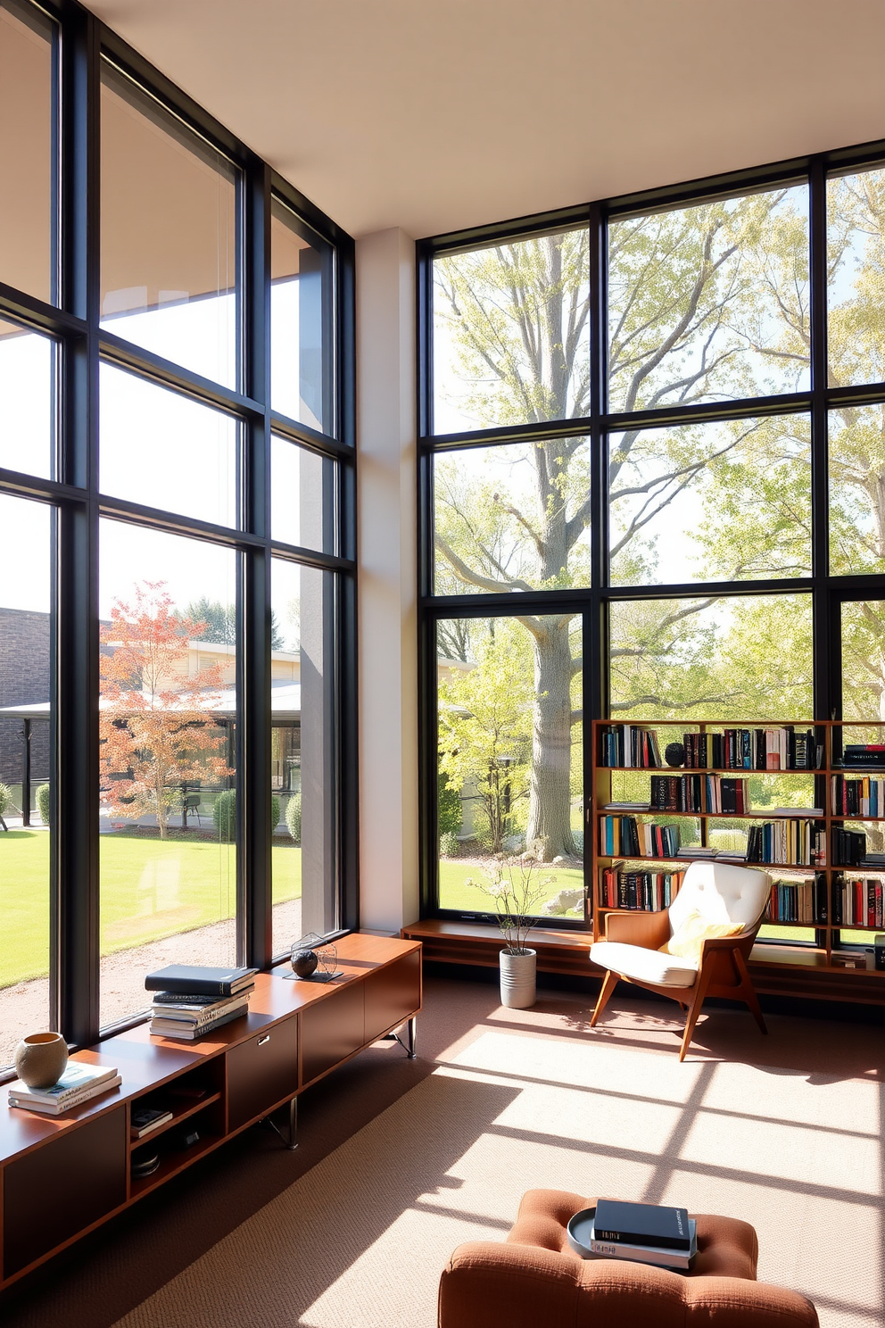 A vibrant home library featuring colorful geometric patterned area rugs that add a playful touch to the space. The bookshelves are filled with an eclectic mix of books and decorative items, while a cozy reading nook with a plush armchair invites relaxation.