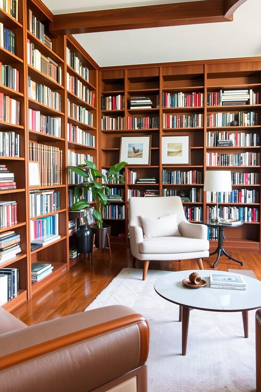 A stunning home library featuring floor to ceiling bookshelves made of rich walnut wood with glass doors. The space is adorned with Mid Century Modern furniture including a sleek leather armchair and a minimalist wooden coffee table.