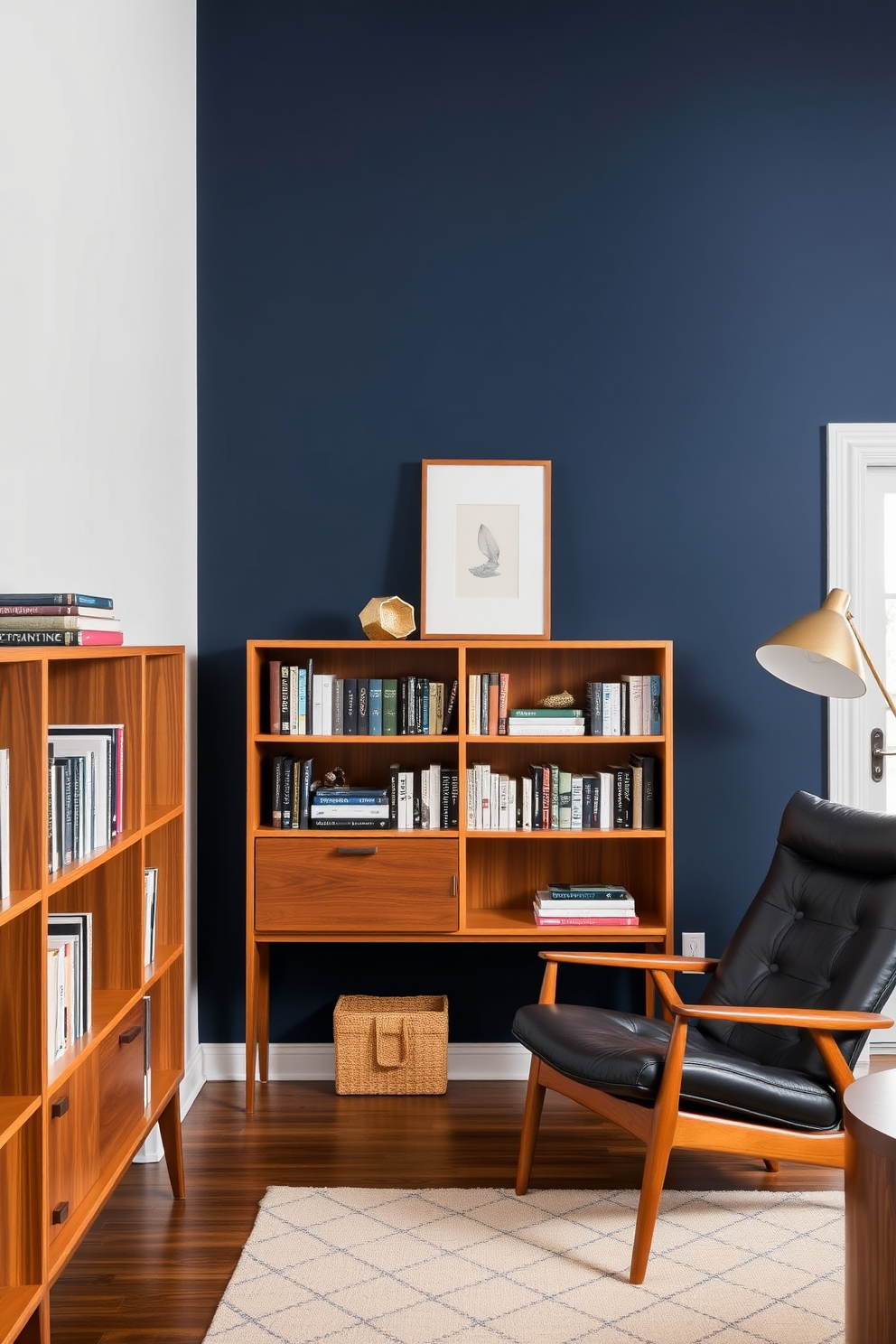 A cozy home library featuring a bold accent wall painted in a deep navy blue. The room is filled with sleek Mid Century Modern furniture, including a minimalist wooden bookshelf and a comfortable leather reading chair.