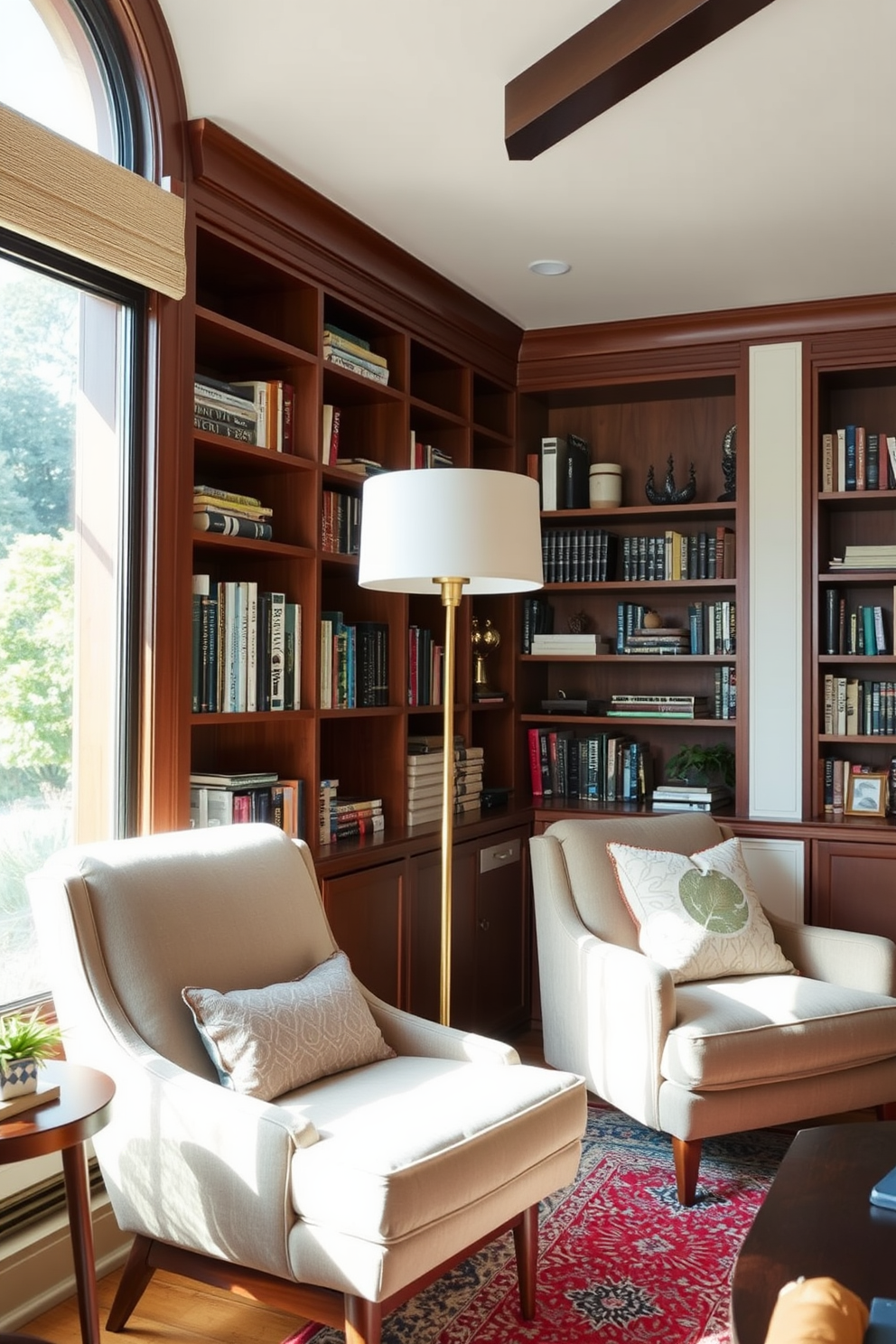 A cozy home library featuring mid-century modern design elements. The space is illuminated by accent lighting with brass finishes, creating a warm and inviting atmosphere. Rich wooden bookshelves line the walls, filled with an eclectic mix of books and decorative items. A plush, retro armchair sits in the corner, accompanied by a sleek brass floor lamp for reading.