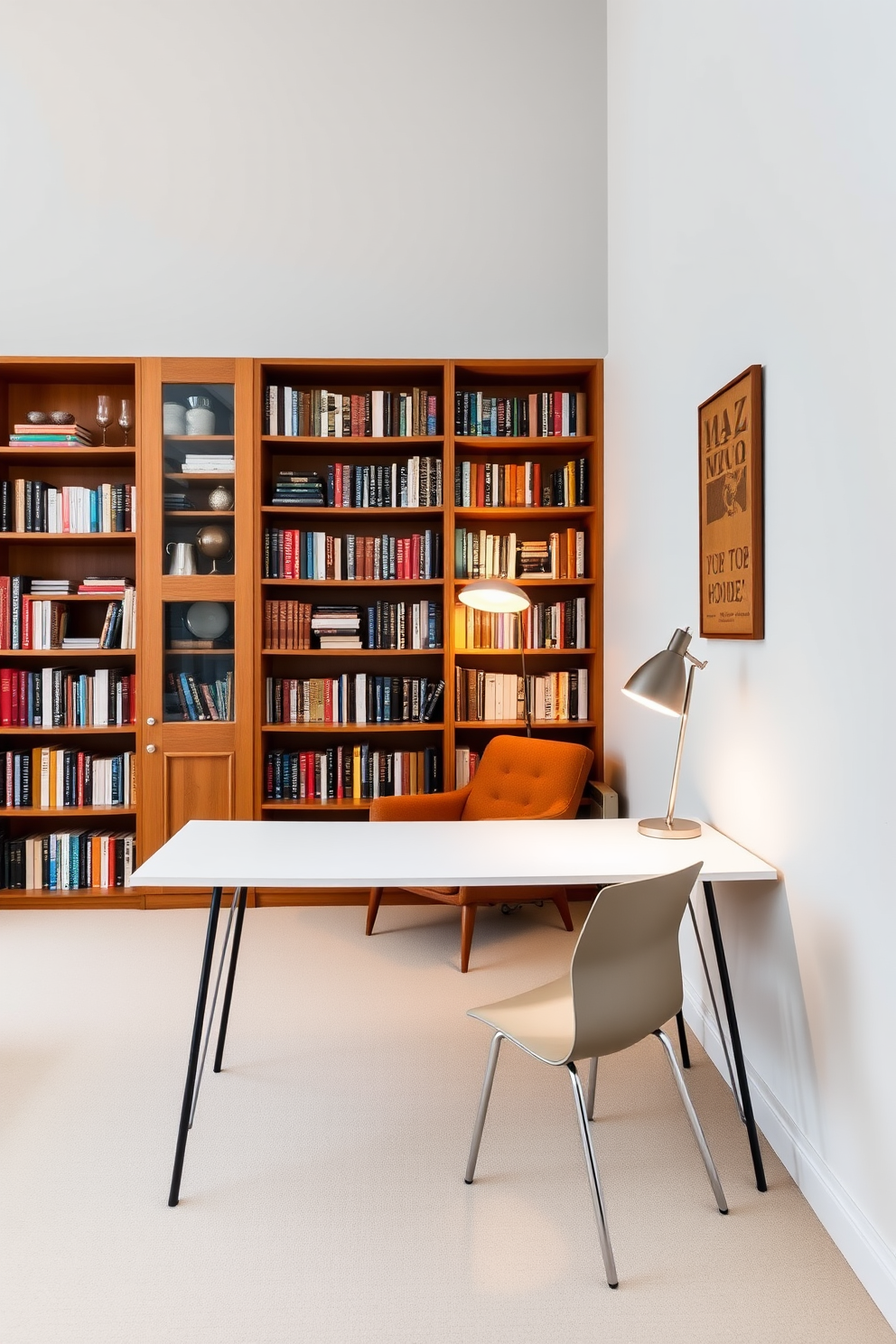 A minimalist desk with sleek lines is positioned against a light gray wall. The desk features a smooth white surface and thin black metal legs, complemented by a stylish ergonomic chair. The Mid Century Modern home library showcases rich wooden bookshelves filled with an array of books. A cozy reading nook with a vintage armchair and a small side table is nestled in the corner, illuminated by a retro floor lamp.