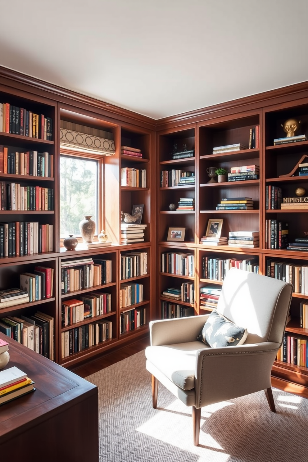 A cozy Mid Century Modern home library featuring built-in bookshelves with a classic design. The shelves are filled with an array of books and decorative items, while a comfortable reading chair sits in the corner, bathed in natural light from a nearby window.