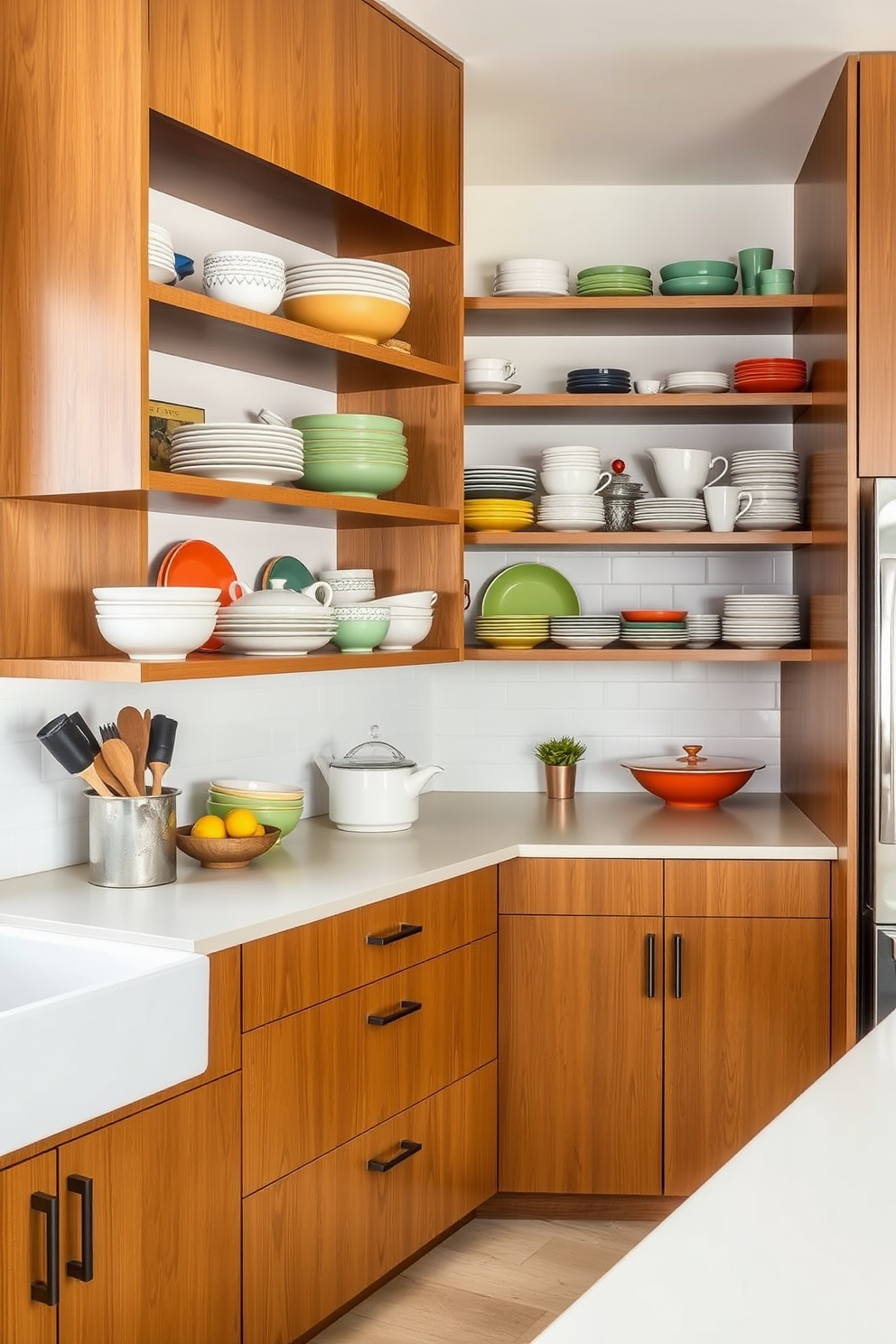 Open shelving showcases an array of vibrant dishware, creating a lively focal point in the kitchen. The shelves are made of warm wood, contrasting beautifully with the sleek, white cabinetry below. The kitchen features a retro-style refrigerator and a geometric backsplash that adds a pop of color. A large island with a polished countertop provides ample space for meal preparation and gatherings.