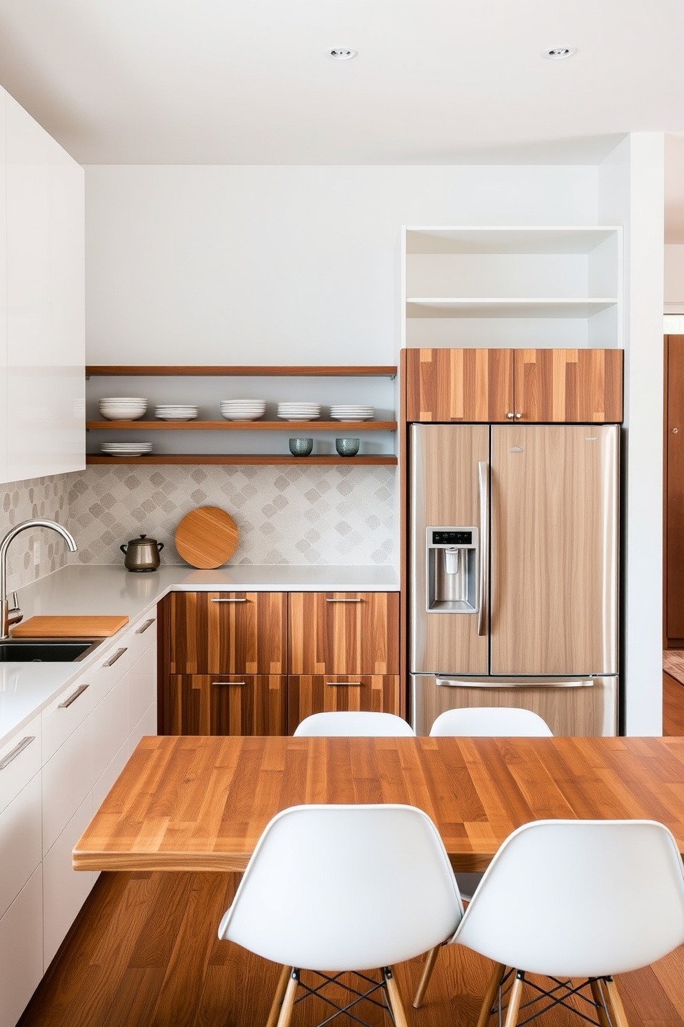 Natural wood countertops for warmth create a welcoming atmosphere in a Mid-Century Modern kitchen. The space features sleek cabinetry with clean lines, complemented by retro-inspired light fixtures that enhance the overall aesthetic.