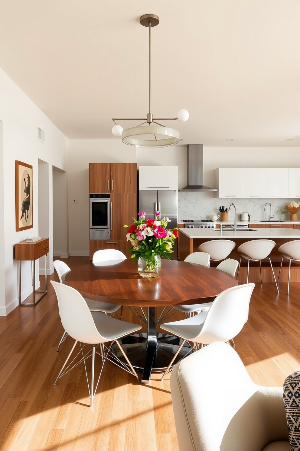 A Mid-Century Modern kitchen features integrated lighting within upper cabinets that highlights the sleek lines and warm wood tones. The space includes a large island with a stone countertop and colorful bar stools, creating a vibrant and inviting atmosphere.