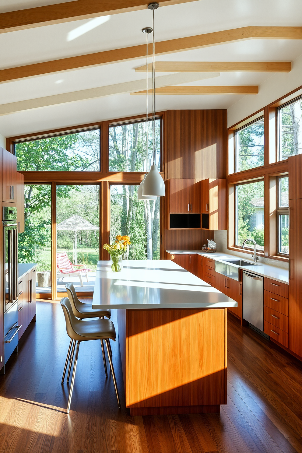 A Mid-Century Modern kitchen filled with natural light streaming through large windows. The space features sleek wooden cabinets, a spacious island with a white quartz countertop, and retro-style bar stools.