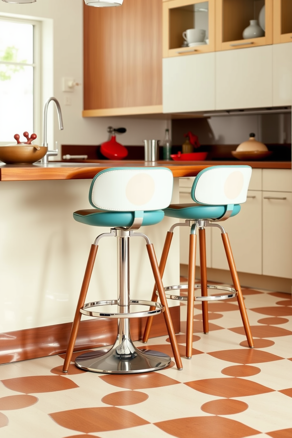 A Mid-Century Modern kitchen featuring colorful pendant lights as focal points. The cabinetry is a rich walnut, complemented by a sleek white countertop and retro appliances in pastel hues. The pendant lights hang in clusters above an island, casting a warm glow over the space. A geometric backsplash in vibrant colors adds a playful touch to the overall design.