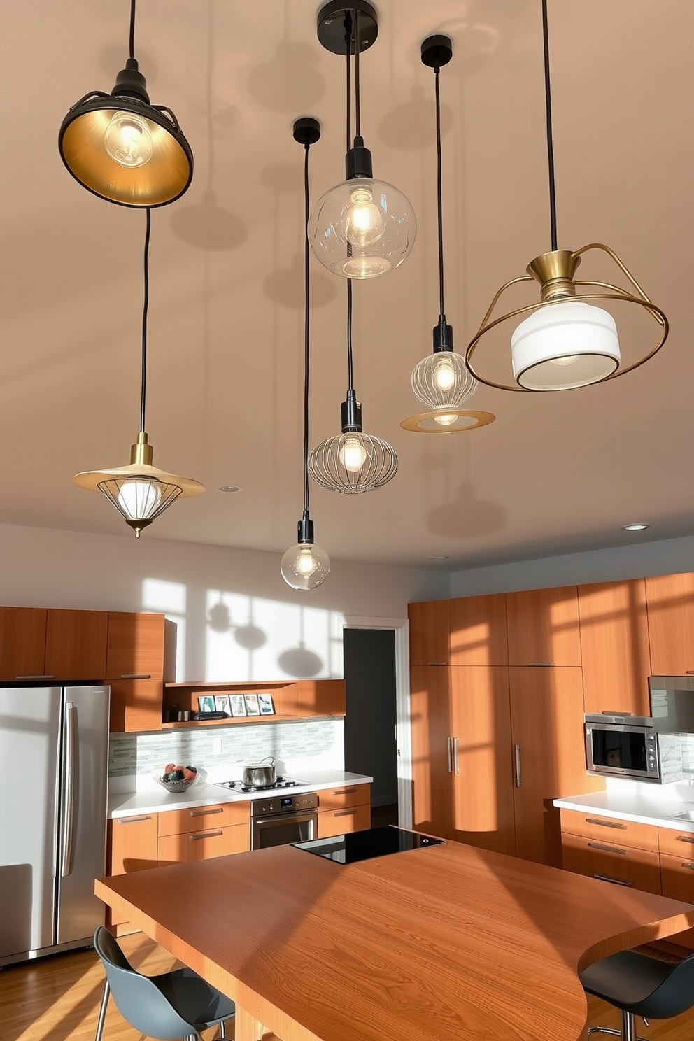 A collection of unique light fixtures with sculptural designs hangs elegantly from the ceiling, casting artistic shadows across the room. Each fixture showcases a blend of materials, including metal and glass, creating a striking focal point that enhances the overall ambiance. The Mid-Century Modern kitchen features clean lines and organic shapes, with sleek cabinetry and retro appliances that evoke a sense of nostalgia. A large island with a polished wood surface serves as both a functional workspace and a social hub, surrounded by stylish bar stools.