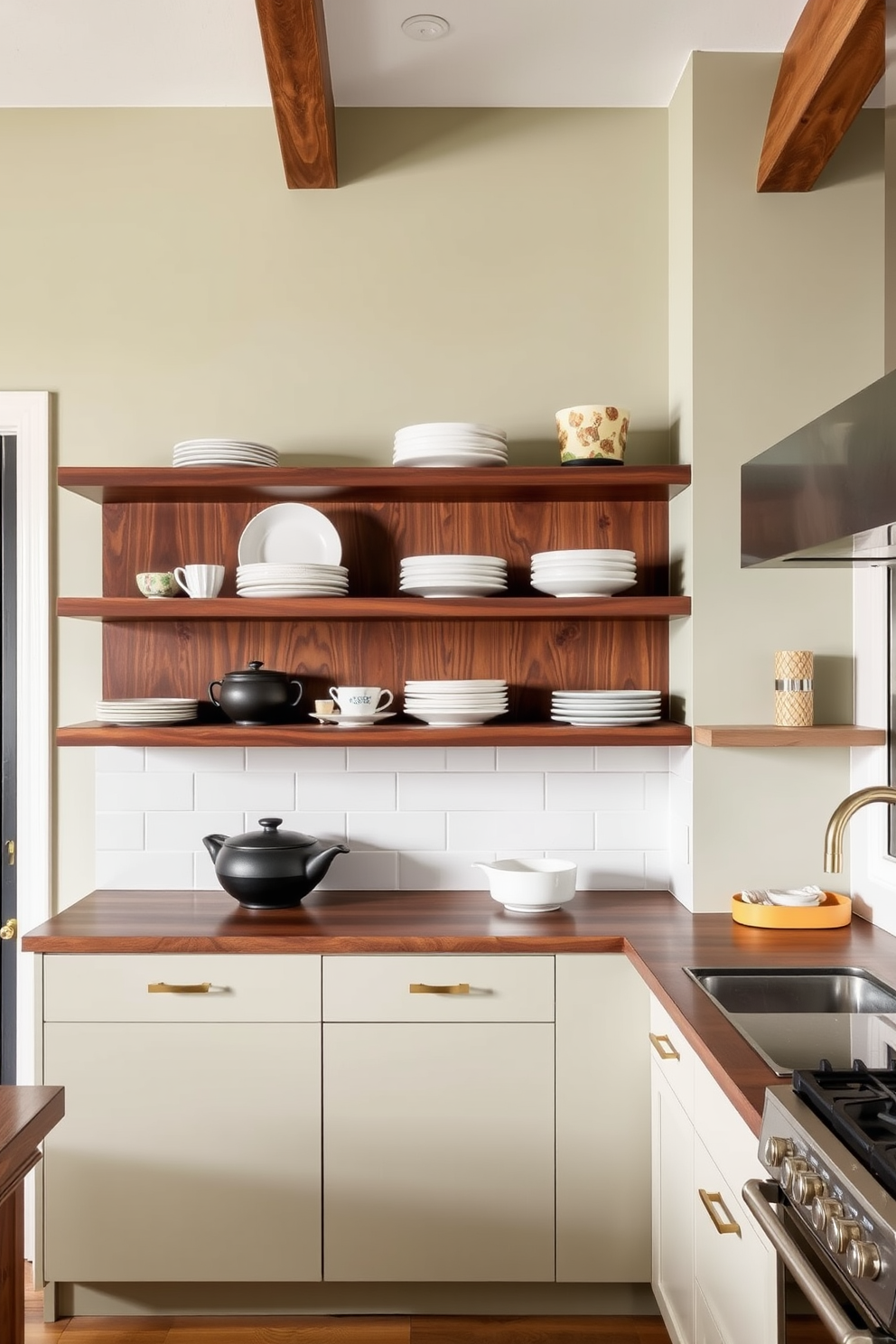 A Mid-Century Modern kitchen features floating shelves made of rich walnut wood that elegantly display dishware and decorative items. The cabinetry is sleek with clean lines, complemented by brass hardware and a retro-inspired color palette of muted greens and yellows.