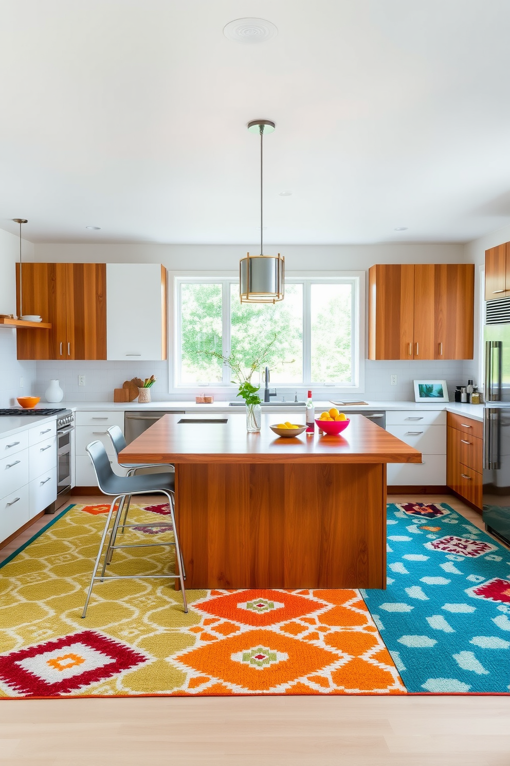 A Mid-Century Modern kitchen features sleek cabinetry with clean lines and vibrant colors. Textured rugs in warm tones are strategically placed to soften the space and add warmth underfoot.