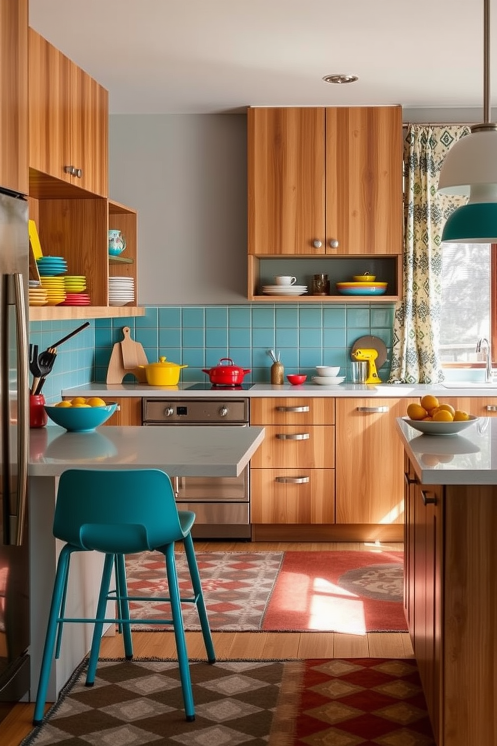 A Mid-Century Modern kitchen features sleek lines and organic shapes with a focus on functionality. Incorporate accent colors through accessories such as vibrant dishware, retro kitchen gadgets, and colorful bar stools to enhance the overall aesthetic. The cabinetry is often made of natural wood with minimal hardware, creating a warm and inviting atmosphere. Pair these elements with geometric patterns in textiles, such as curtains and rugs, to add visual interest and a touch of nostalgia.