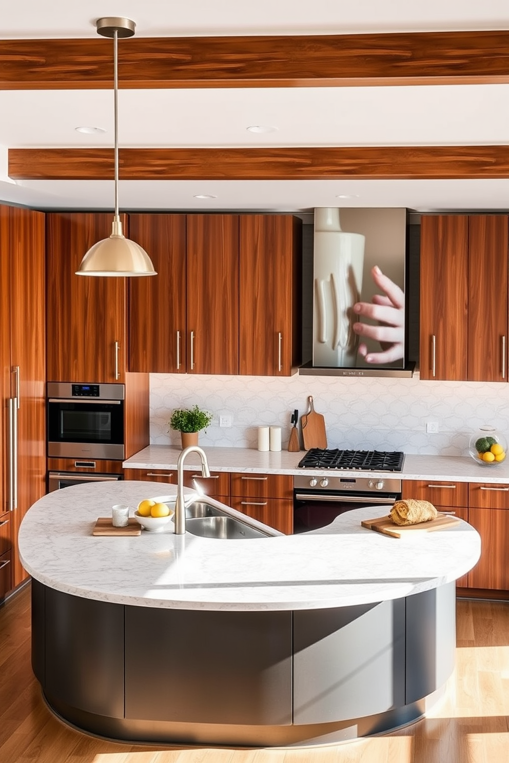 A mid-century dining table with simple lines is the centerpiece of the room. Surrounding the table are elegantly designed chairs featuring tapered legs and upholstered seats in a muted color palette. The kitchen showcases a seamless blend of functionality and style with sleek cabinetry and retro-inspired hardware. A large window allows natural light to flood the space, highlighting the warm wood tones and minimalist decor.