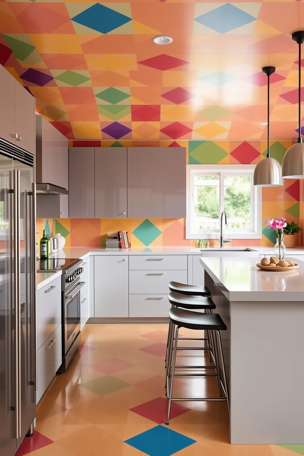 A vibrant kitchen space featuring mid-century modern design elements. The cabinetry is a rich walnut with sleek brass hardware, complemented by a retro-inspired wall clock that adds a pop of color to the room. The kitchen island is topped with a beautiful quartz countertop, providing ample space for meal preparation. Pendant lights with geometric shapes hang above, casting a warm glow over the area, enhancing the inviting atmosphere.