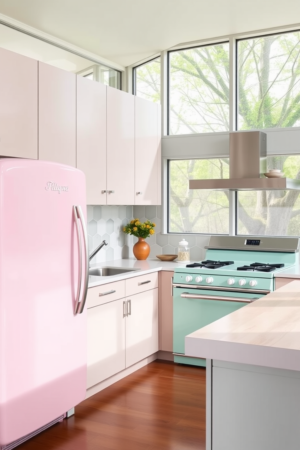 A Mid-Century Modern kitchen featuring retro appliances in pastel colors. The cabinets are sleek and minimalistic, complemented by a large island with a light wood finish. The refrigerator and stove are in soft pink and mint green hues, creating a nostalgic vibe. Large windows allow natural light to flood the space, highlighting the geometric patterns of the backsplash.