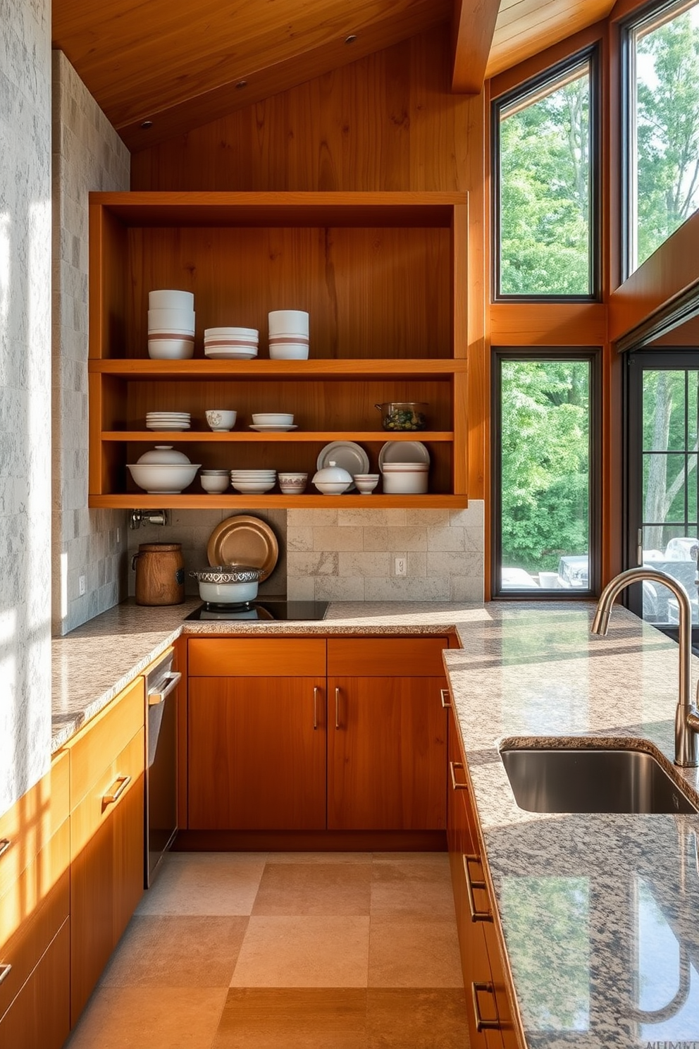 A vibrant kitchen space showcasing Mid-Century Modern design elements. The cabinetry features a mix of walnut wood and sleek white finishes, complemented by brass handles and retro-inspired appliances. Geometric patterns adorn the backsplash, adding a pop of color to the overall aesthetic. A large island with a polished concrete countertop serves as the centerpiece, surrounded by stylish bar stools in bold hues. Artwork featuring abstract designs adds a contemporary touch to the room. Bold colors and dynamic shapes create a focal point on the wall, enhancing the modern vibe of the kitchen.