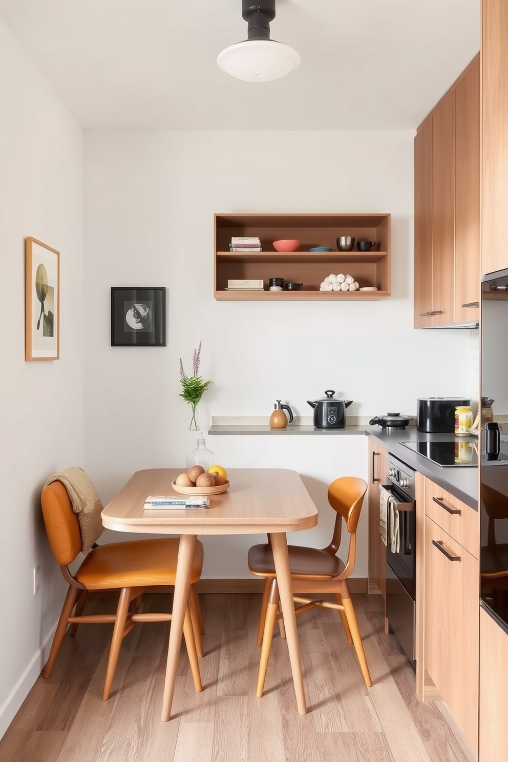 A stylish Mid-Century Modern kitchen features space-saving furniture that maximizes functionality without sacrificing aesthetics. The design includes a compact dining table that doubles as a food prep area and sleek cabinetry with minimalist lines that provide ample storage.