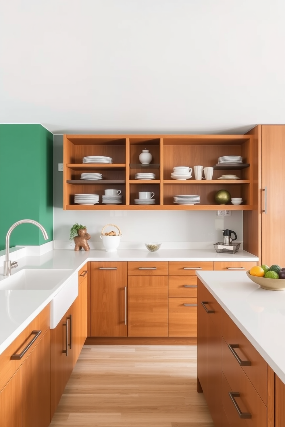 A Mid-Century Modern kitchen featuring sleek countertops in solid colors. The cabinetry is a warm wood tone with minimalist handles and open shelving displaying stylish dishware.