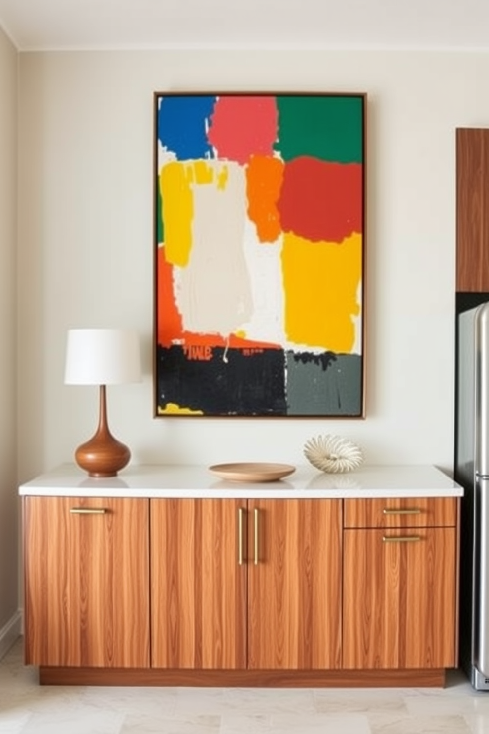 Artistic wall art to enhance decor. A large abstract painting in vibrant colors hangs above a sleek, minimalist console table. Mid-Century Modern Kitchen Design Ideas. The kitchen features flat-front cabinetry in a warm walnut finish, complemented by brass hardware and a retro-style refrigerator.