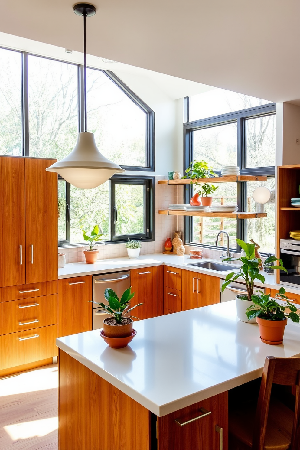 A Mid-Century Modern kitchen featuring sleek cabinetry with warm wood tones and minimalist hardware. The space is brightened by large windows that let in natural light, and potted plants are strategically placed on the countertops for a fresh ambiance. The kitchen island is topped with a retro-style pendant light that complements the overall aesthetic. Open shelving displays colorful dishware and greenery, enhancing the inviting atmosphere of the room.