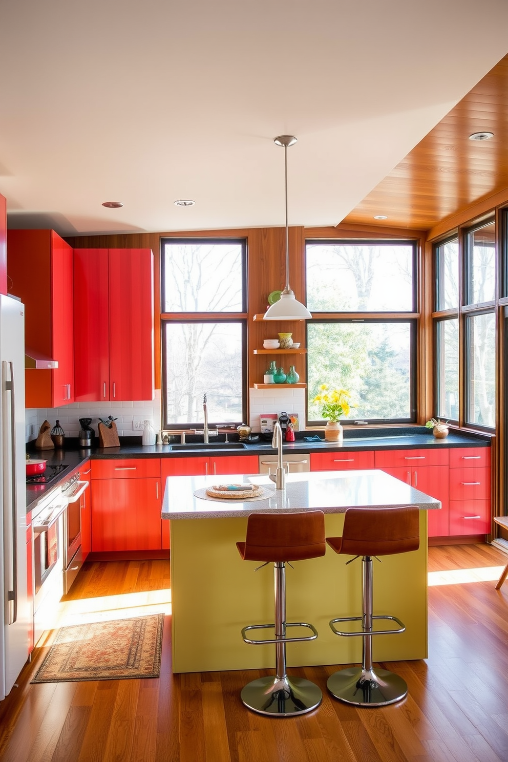 A Mid-Century Modern kitchen features sleek cabinetry with clean lines and a vibrant color palette. The layout is open and functional, promoting efficiency with easy access to all cooking essentials. The kitchen island serves as both a prep space and a casual dining area with stylish bar stools. Large windows allow natural light to flood in, enhancing the warm wood tones and retro accents throughout the space.