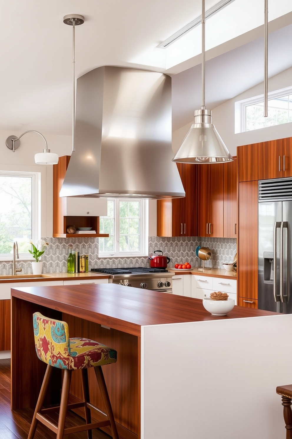 A stylish Mid-Century Modern kitchen features a striking range hood made of brushed stainless steel that serves as the focal point above the cooking area. The cabinetry is a mix of warm wood tones and sleek white finishes, complemented by retro-inspired light fixtures that add a touch of nostalgia. The kitchen island is topped with a rich walnut surface and includes bar seating with colorful, upholstered stools. Large windows allow natural light to flood the space, highlighting the geometric patterns of the backsplash tiles and the overall harmonious design.