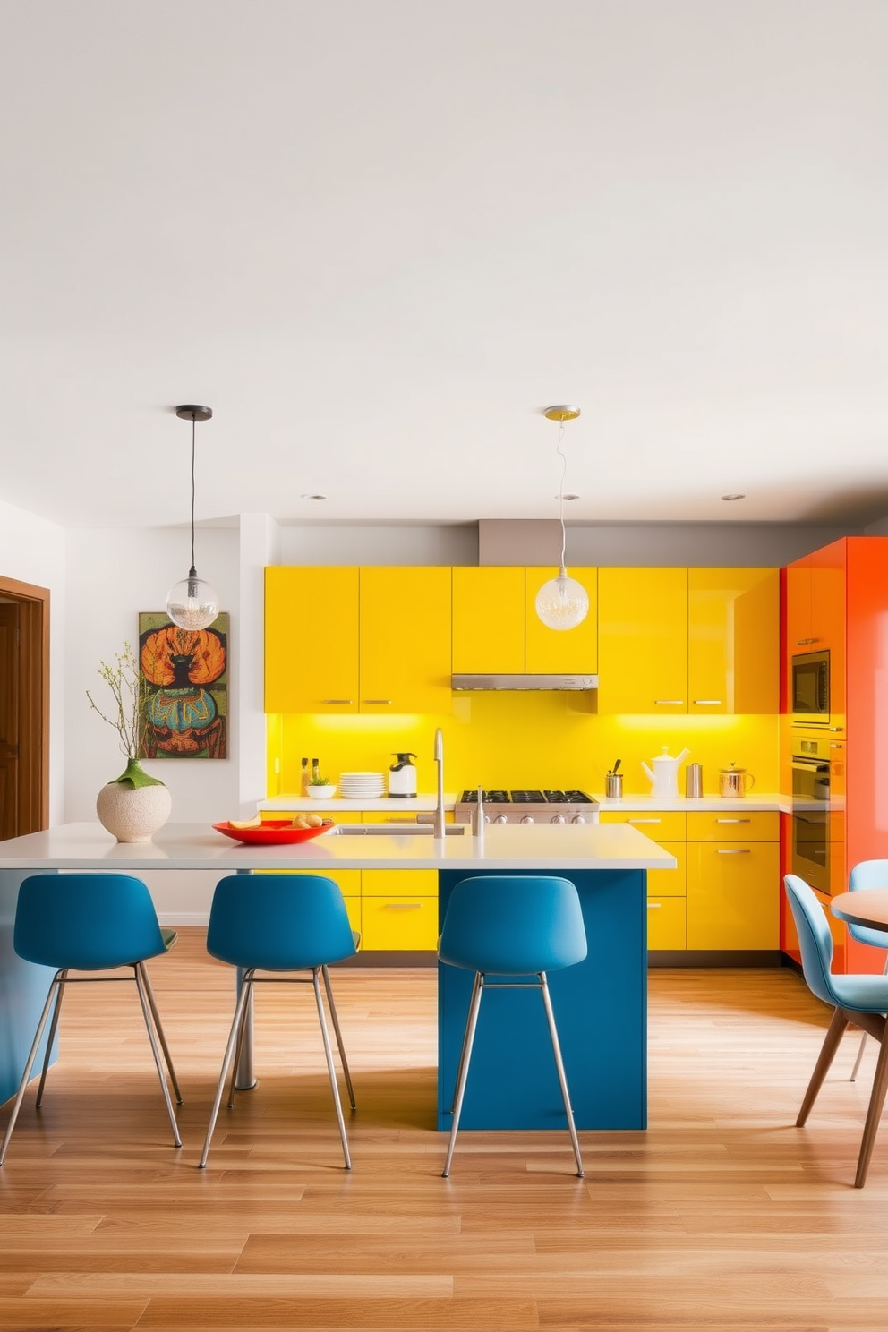 Brightly colored cabinets create a vibrant focal point in a Mid-Century Modern kitchen. The space features sleek lines, retro-inspired fixtures, and an open layout that encourages social interaction.