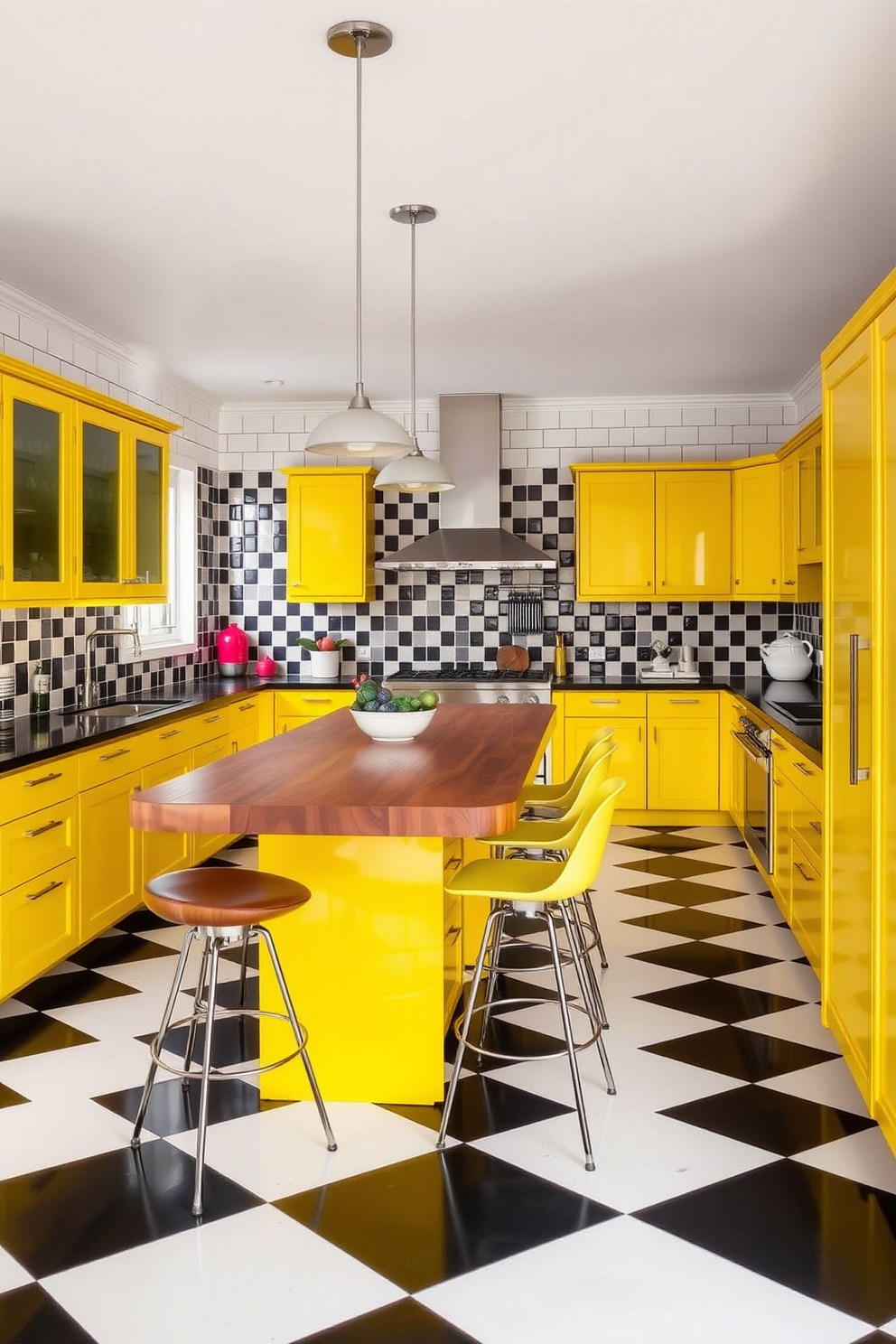 Classic checkerboard flooring for nostalgia. The kitchen features a blend of vibrant colors and sleek lines that embody Mid-Century Modern aesthetics. Bright yellow cabinets contrast beautifully with the black and white tiles. A large island with a walnut countertop serves as the centerpiece, surrounded by retro bar stools.